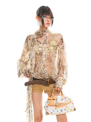 【25s Jul.】Leopard Print Ribbon Floral See-through Casual Shirt