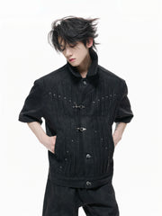 【26s Apr.】Horseshoe-Buckle Ruched Short-Sleeve Denim Jacket / Jeans