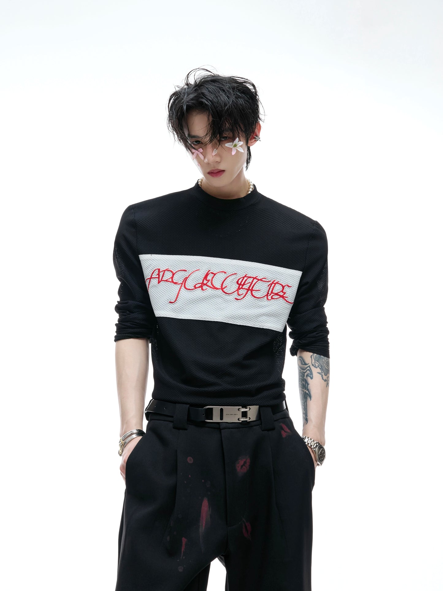 【25s Aug.】Mesh Elastic Slim Fit Embroidered Bottoming Shirt
