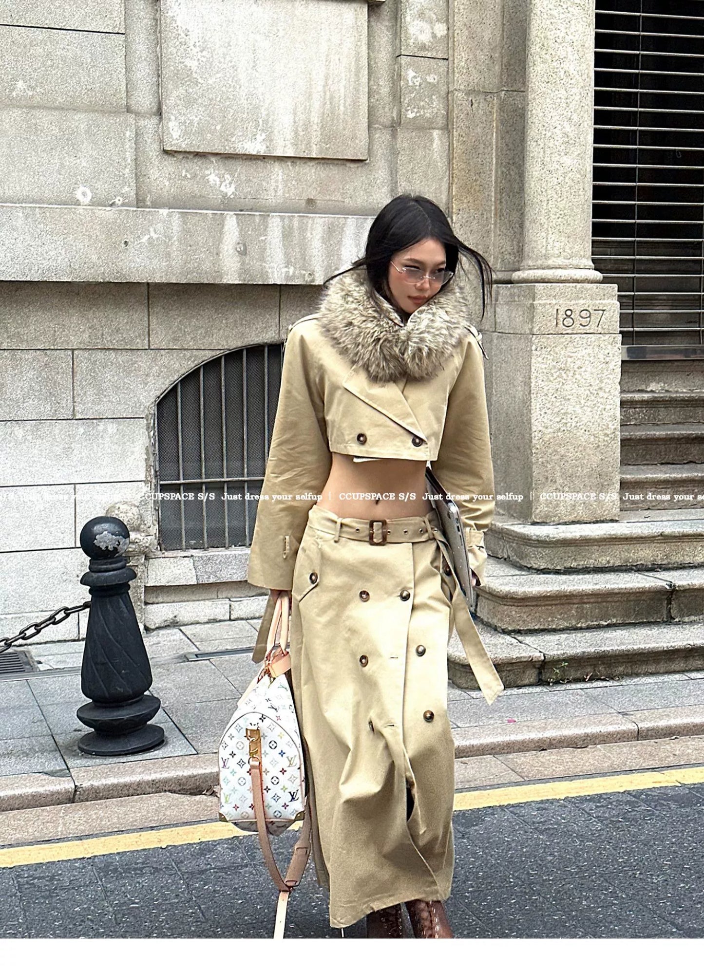 Elegant Khaki Short Trench Coat + Skirt Set