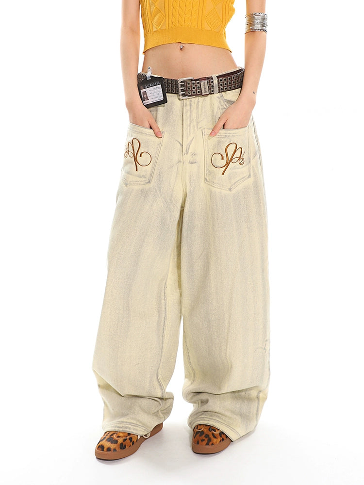 【25s May.】Grunge Wash Embroidered Wide Leg Jeans