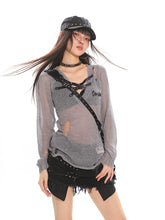 【25s Jul.】Vintage Belt Buckle Cutout Distressed Letter Sheer Cover-Up Top