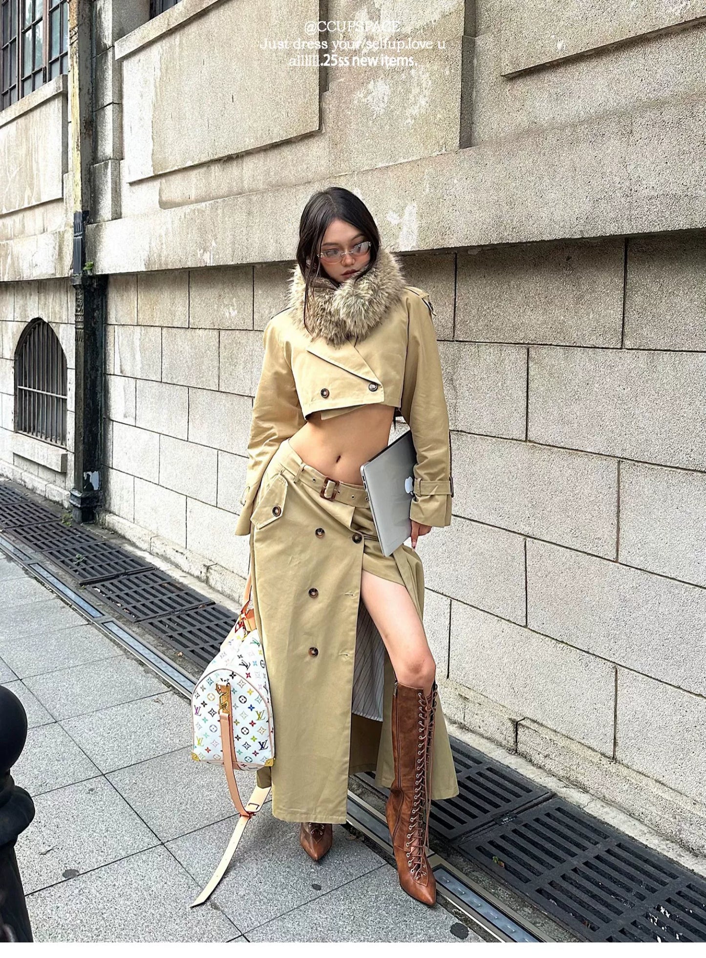 Elegant Khaki Short Trench Coat + Skirt Set