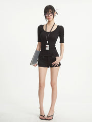 【25s Aug.】Black U-Neck Structured Shoulder Casual T-Shirt