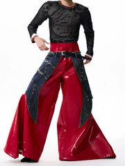 【25s Oct.】Denim Patchwork Red Leather Jacket/Double Waist Leather Pants