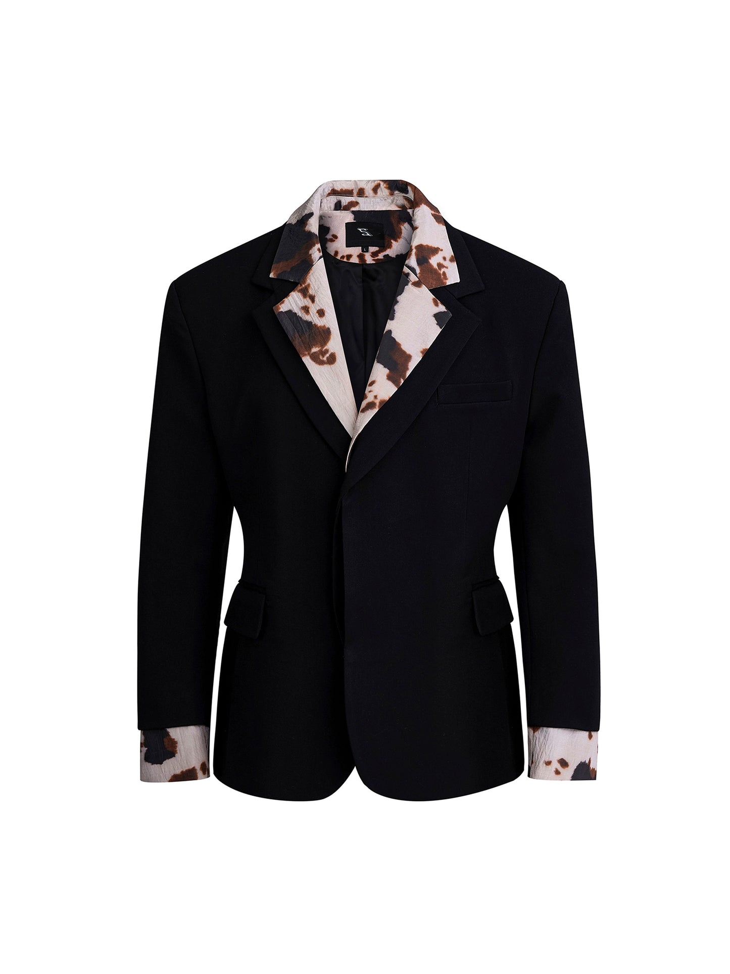 【25s Aug.】Structured Black Blazer with Cow Print Layer Detail