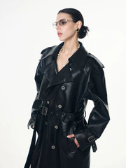 【26s May】Deconstructed PU Leather Double-Breasted Trench Coat