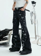 【26s Apr.】Distressed Studded Irregular Flared Denim Pants