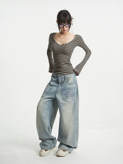 【25s Aug.】Vintage Striped V-Neck Long Sleeve Shirt