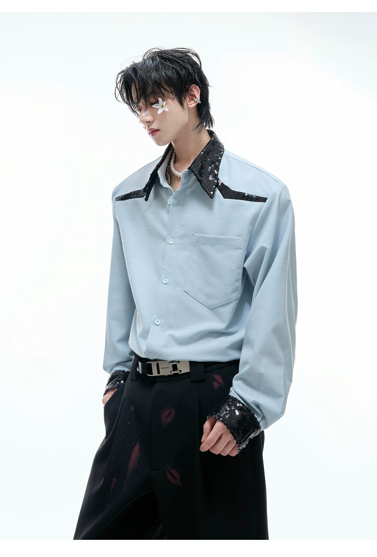 【25s Aug.】Sequined Contrast Lapel Shirt