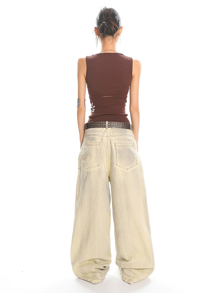 【25s May.】Grunge Wash Embroidered Wide Leg Jeans