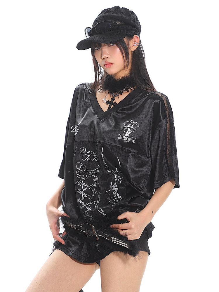 【25s Apr.】Tie-Dye Lace Trim Satin Sporty Tee