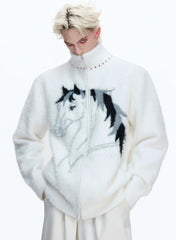 【26s Jan.】High-neck Horse Pattern Knit Cardigan