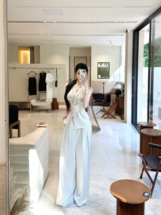 【25s Aug.】Old Money Style V-Neck Silk Sleeveless Top / Loose Pants