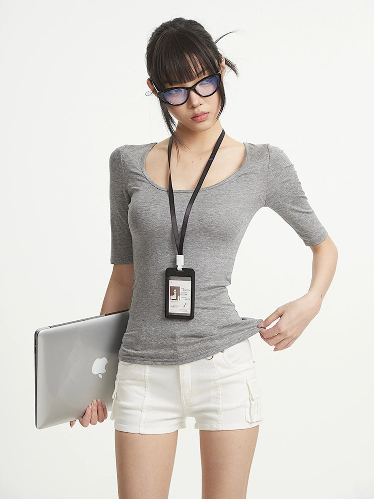 【25s Aug.】Black U-Neck Structured Shoulder Casual T-Shirt