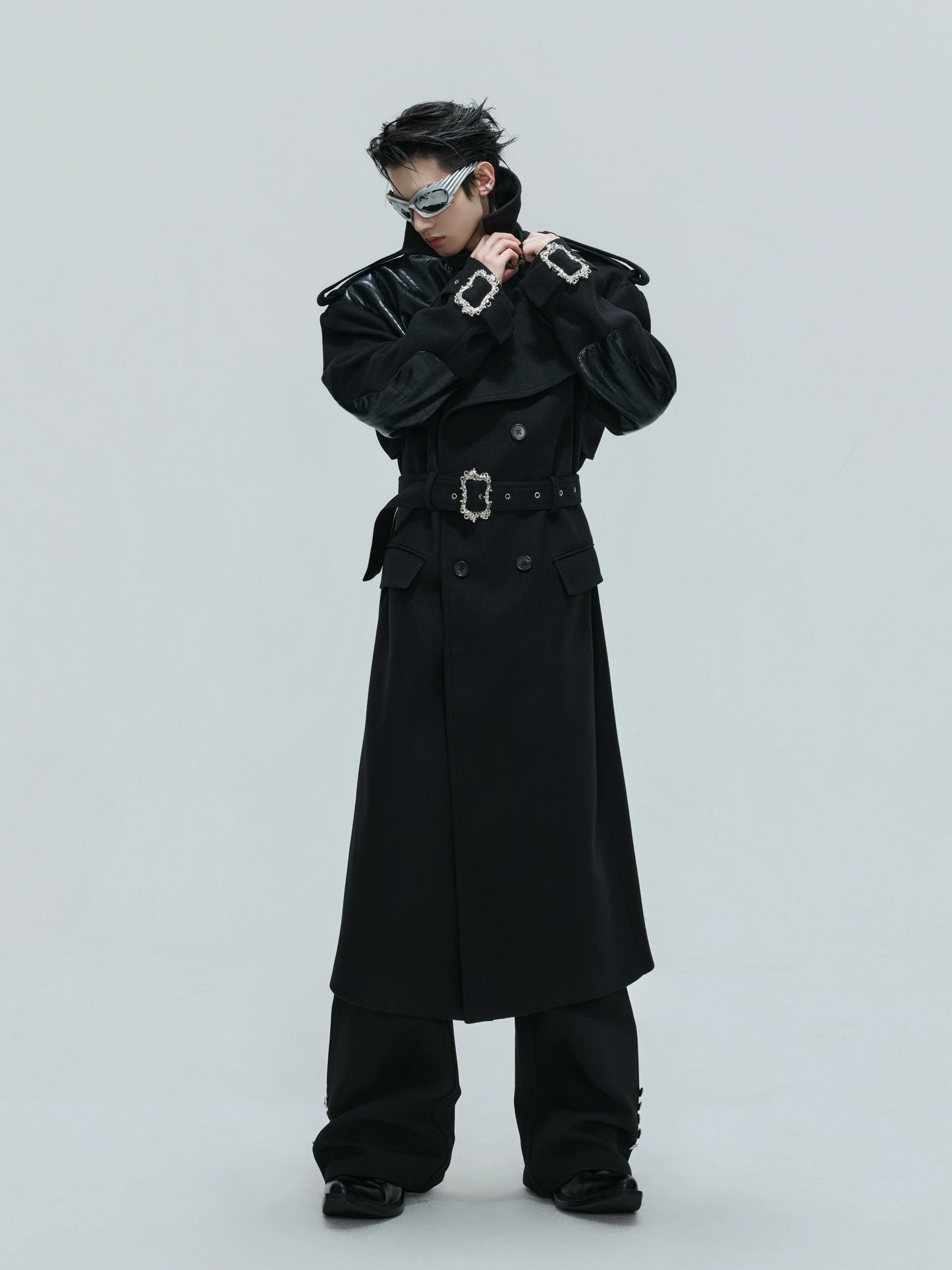 【25s Nov.】Crocodile-print Lace-up Metal Buckles Woolen Coat