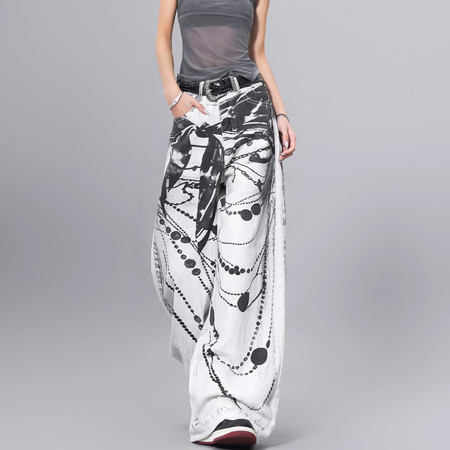 【25s Jul.】Ink-Print Washed High-Waist Loose Jeans