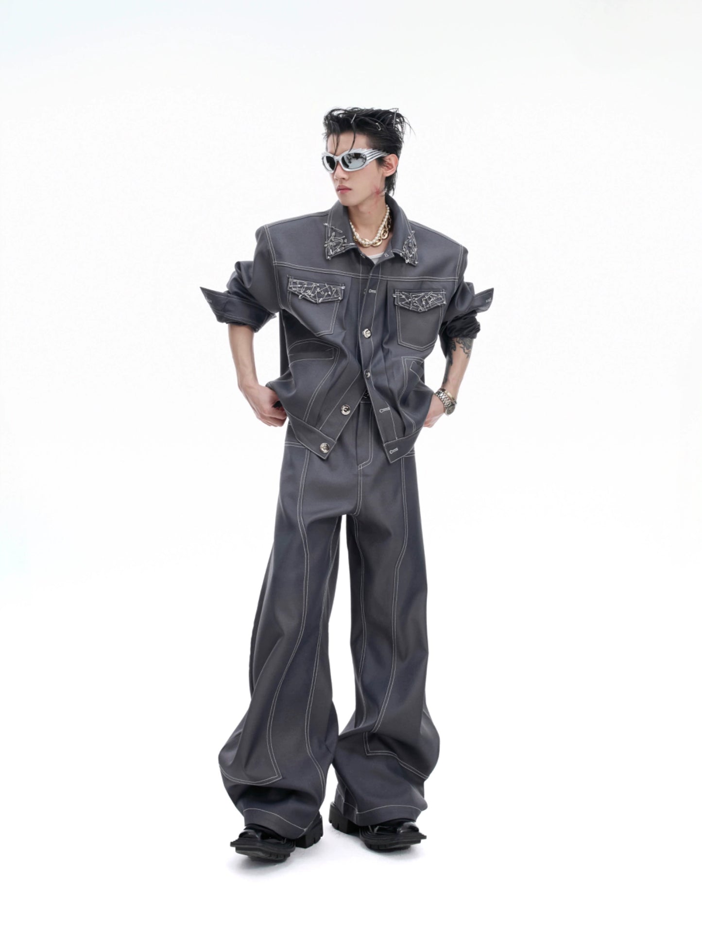 【25s Aug.】Pin Design Short Style Elegant Bright Lines Casual Jacket / Pants