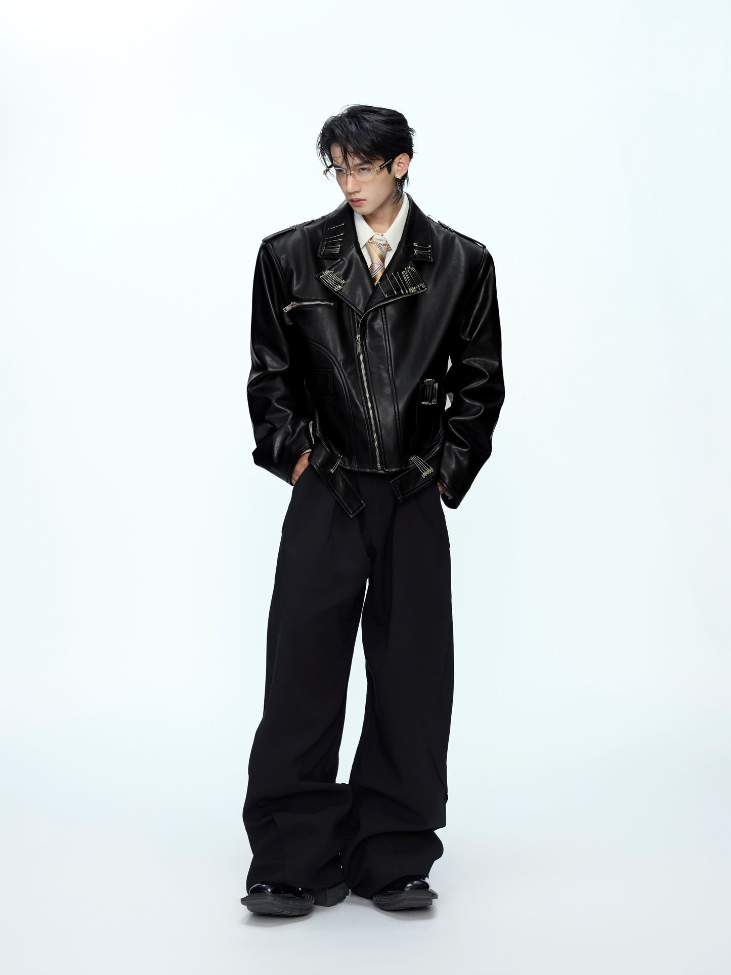 【25s Sep.】Luxury Shiny Geisha Pattern Pin Leather Jacket