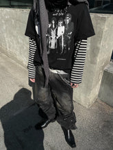 【25s Mar.】Character Print Rock Mock Two Piece Stripe Stitching Top