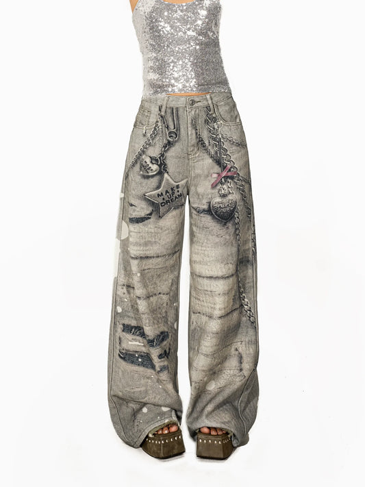 【25s Aug.】Heavily Detailed Chain Digital Print Jeans