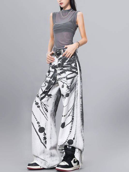 【25s Jul.】Ink-Print Washed High-Waist Loose Jeans