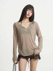 【25s Aug.】Black V-Neck Slim Fit Sheer UV Protection T-Shirt