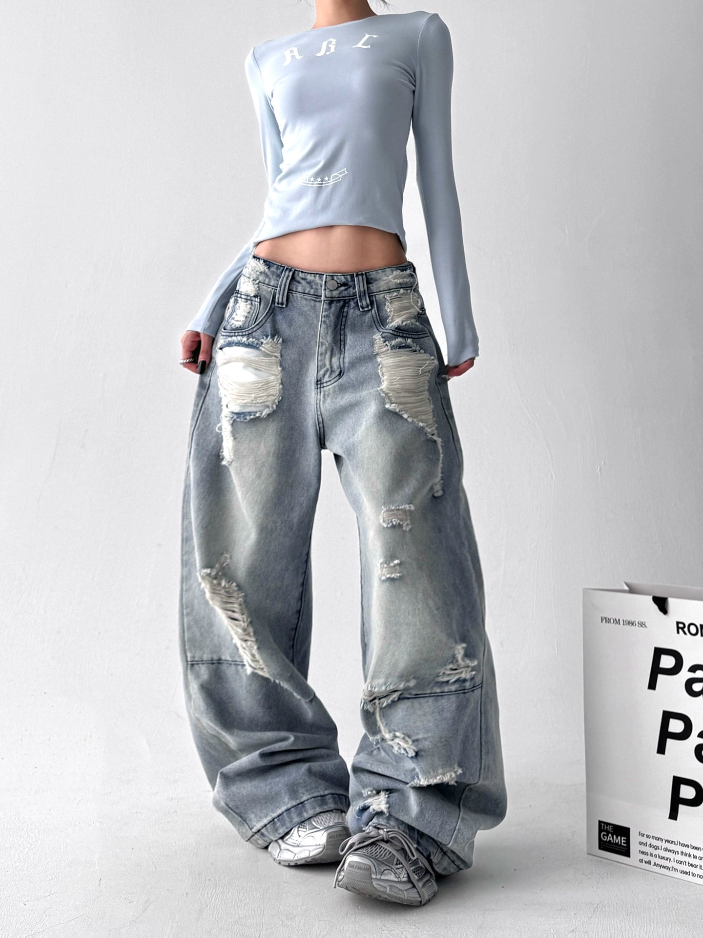 【25s Aug.】Vintage Blue Distressed Washed Loose Wide-Leg Jeans