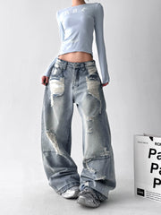 【25s Aug.】Vintage Blue Distressed Washed Loose Wide-Leg Jeans