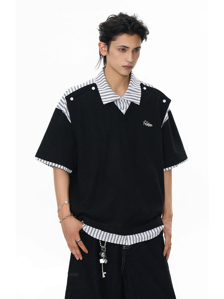 【25s Jul.】Fake Two-Piece Striped Short Sleeve Polo
