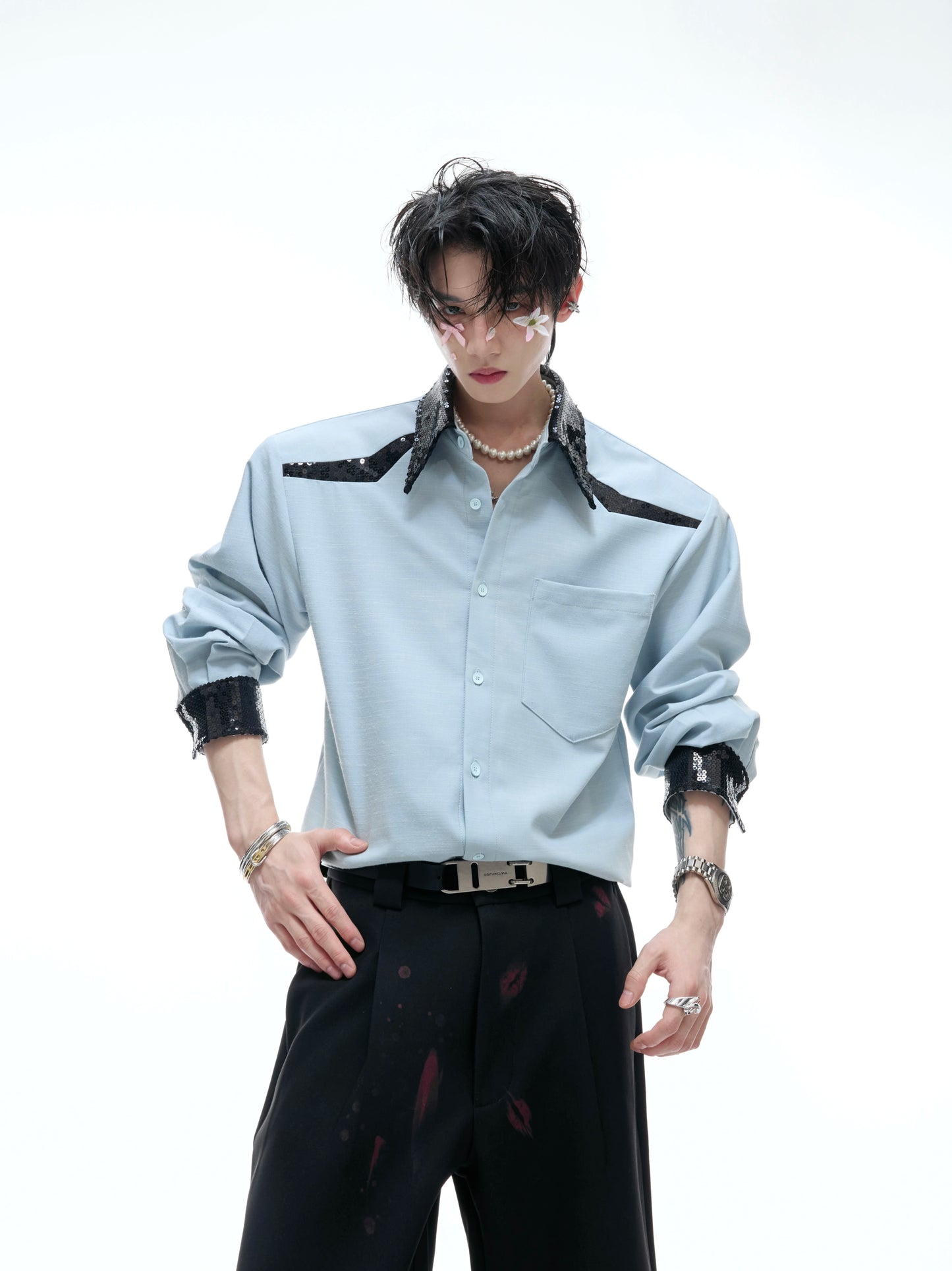 【25s Aug.】Sequined Contrast Lapel Shirt