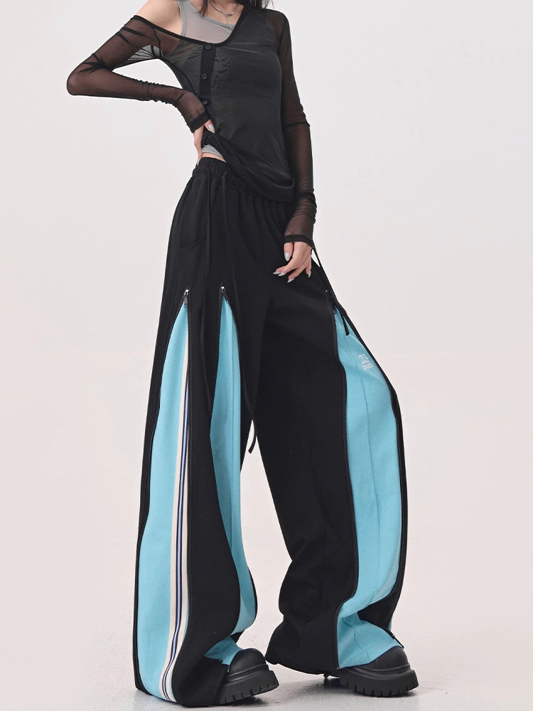 【25s Jul.】Blue Vintage Patchwork Sporty Wide-Leg Trousers