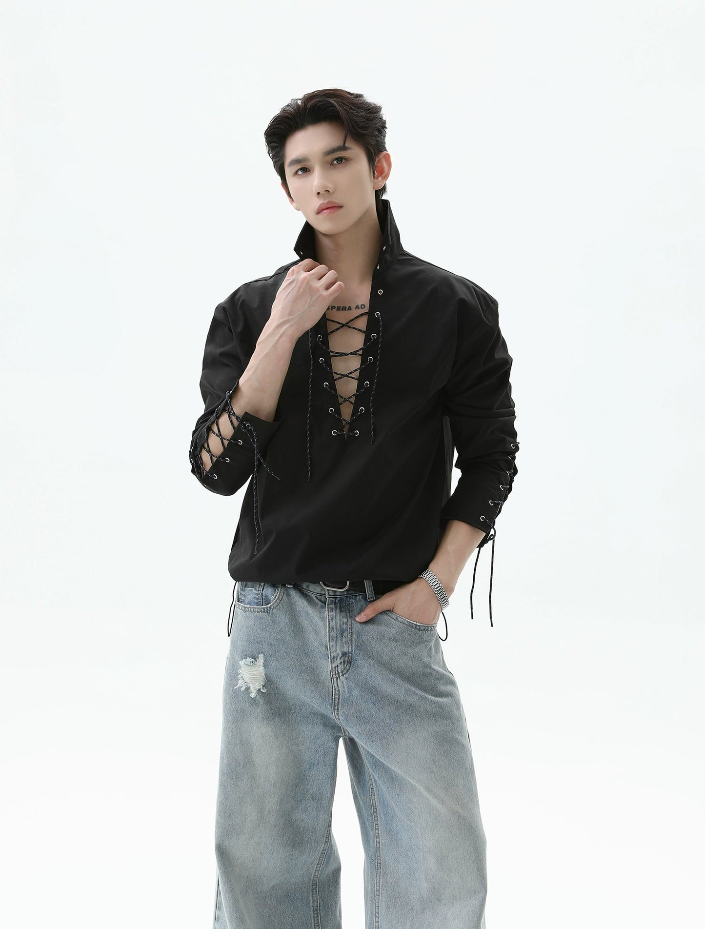 【25s Sep.】Deep V-neck Solid Color Tie-string Shirt