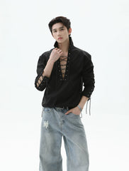 【25s Sep.】Deep V-neck Solid Color Tie-string Shirt