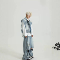 Distressed Denim Vest Wide-Leg Set