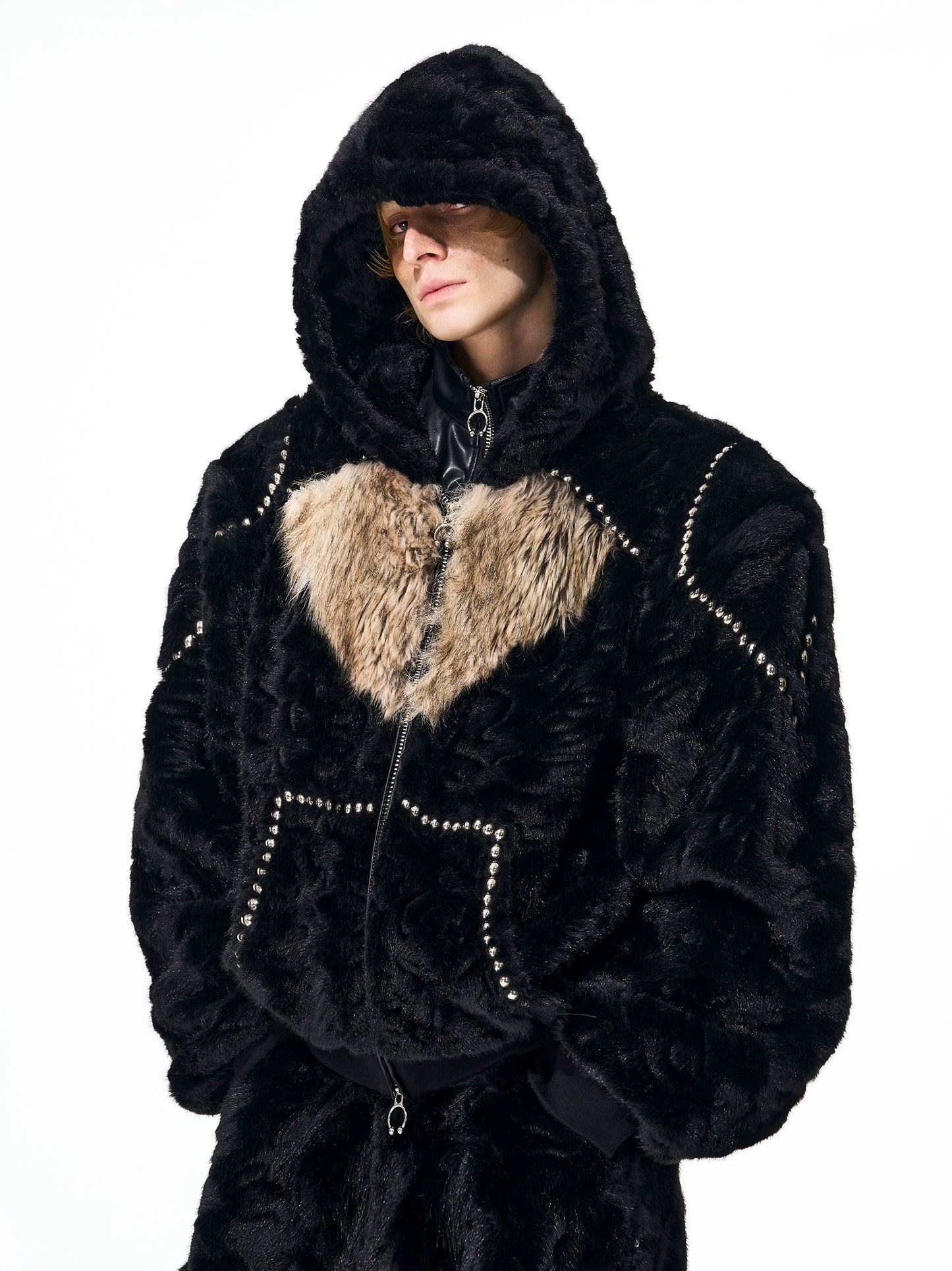 Contrast Color Heart Thickened Faux Mink Hooded Jacket / Pants