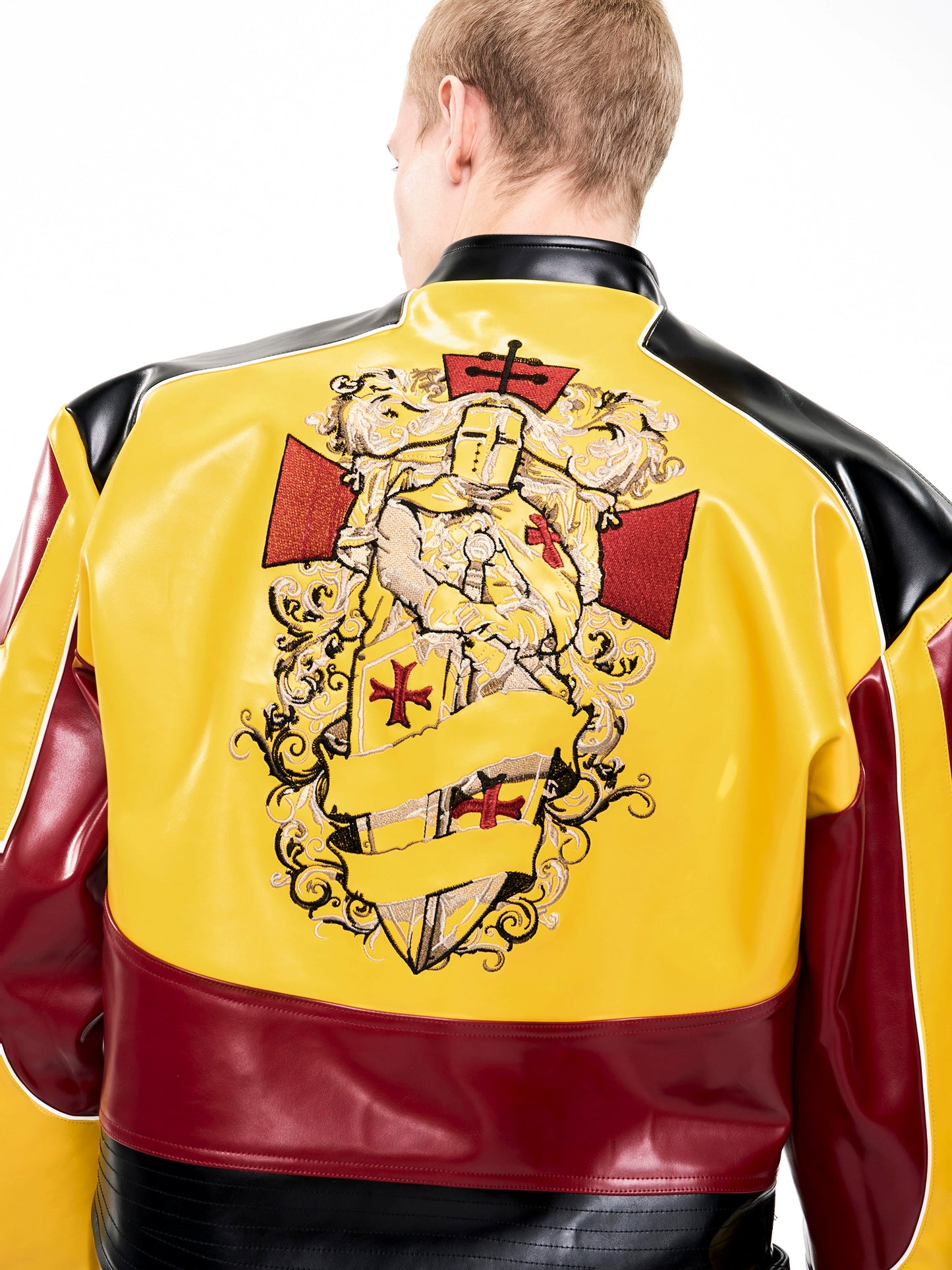 Contrast Embroidered Stand-up Collar Cropped Leather Jacket