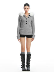 【25s Nov.】Detachable Fur Collar Henley Collar Sweater