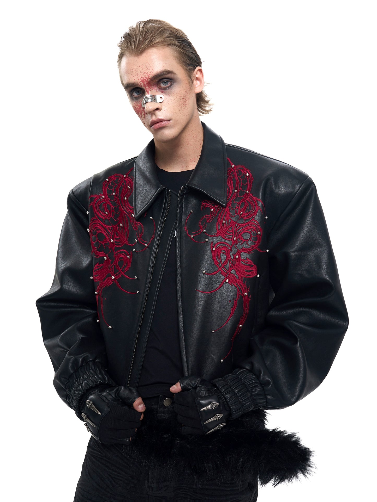 【25s Sep.】Cropped Faux Leather Jacket with Thorn Embroidery