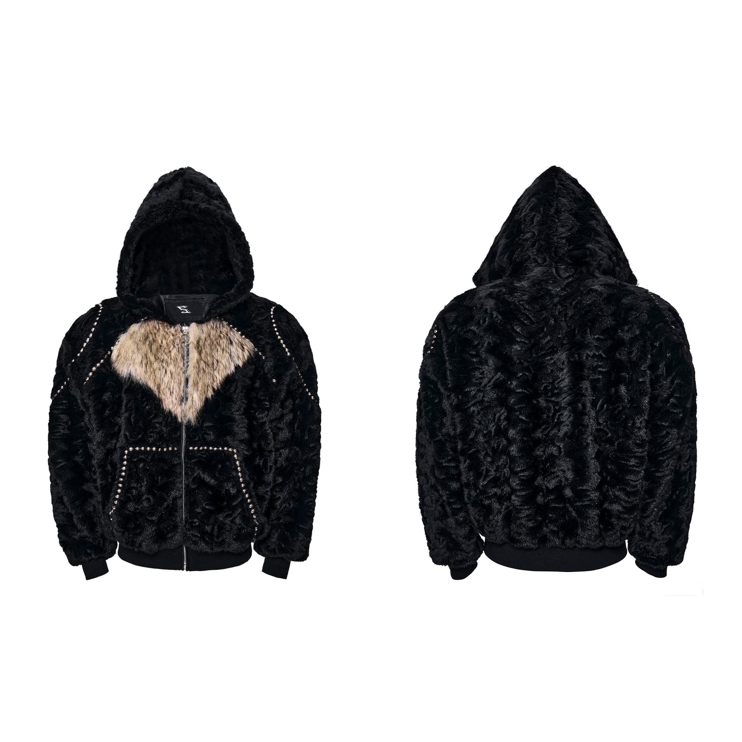 Contrast Color Heart Thickened Faux Mink Hooded Jacket / Pants