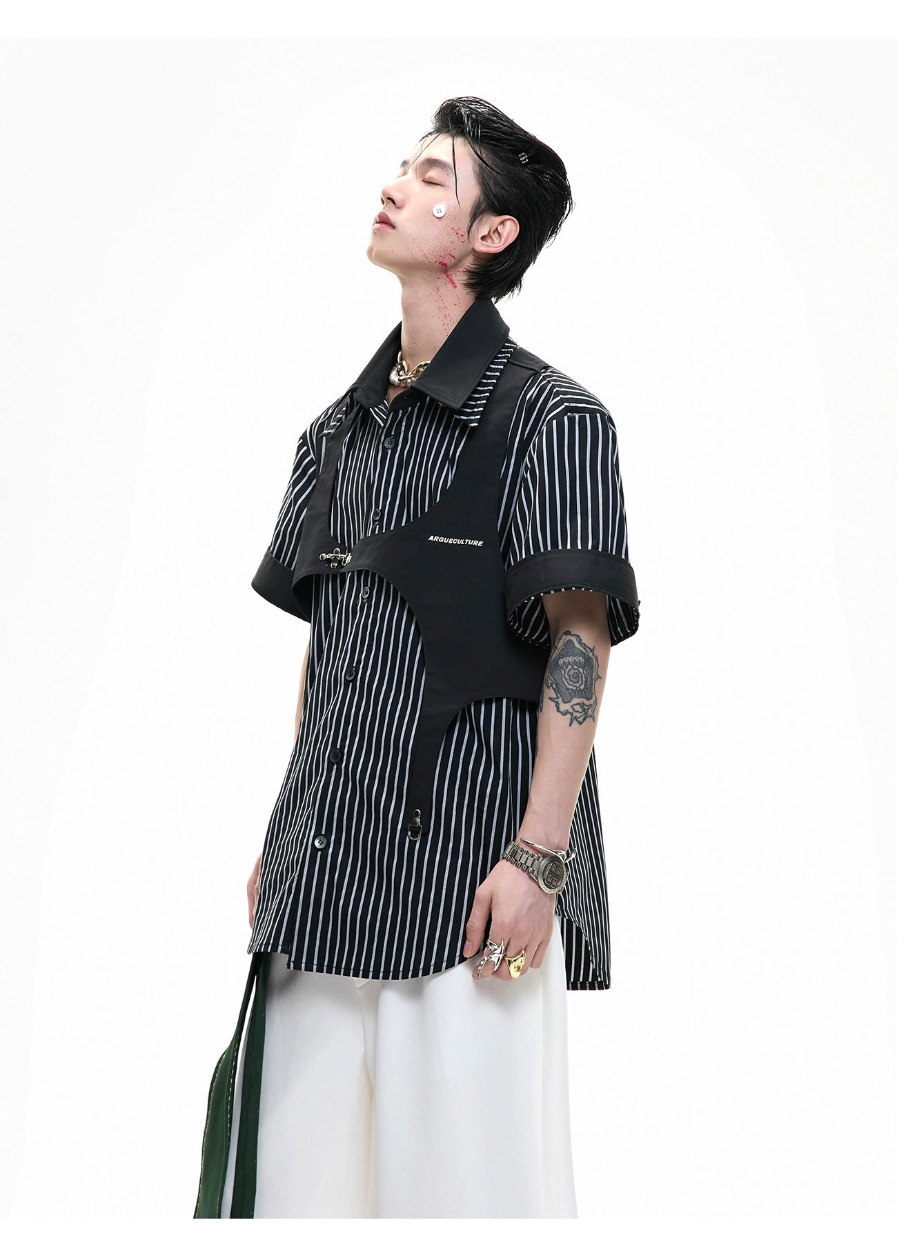 【25s Jun.】Monochrome Layered-Collar Striped Shirt