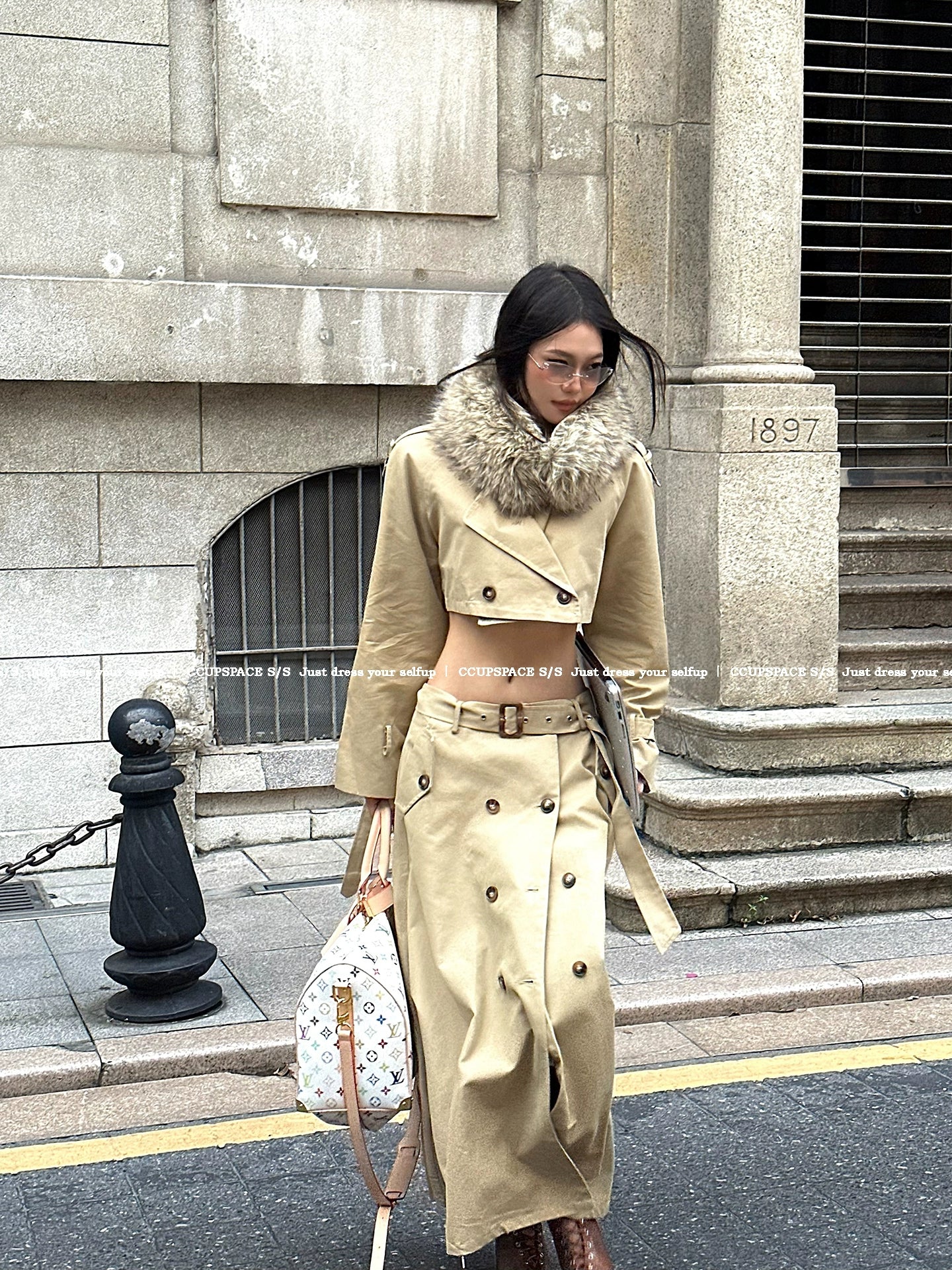 Elegant Khaki Short Trench Coat + Skirt Set