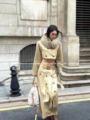 【25s Sep.】Elegant Khaki Short Trench Coat + Skirt Set