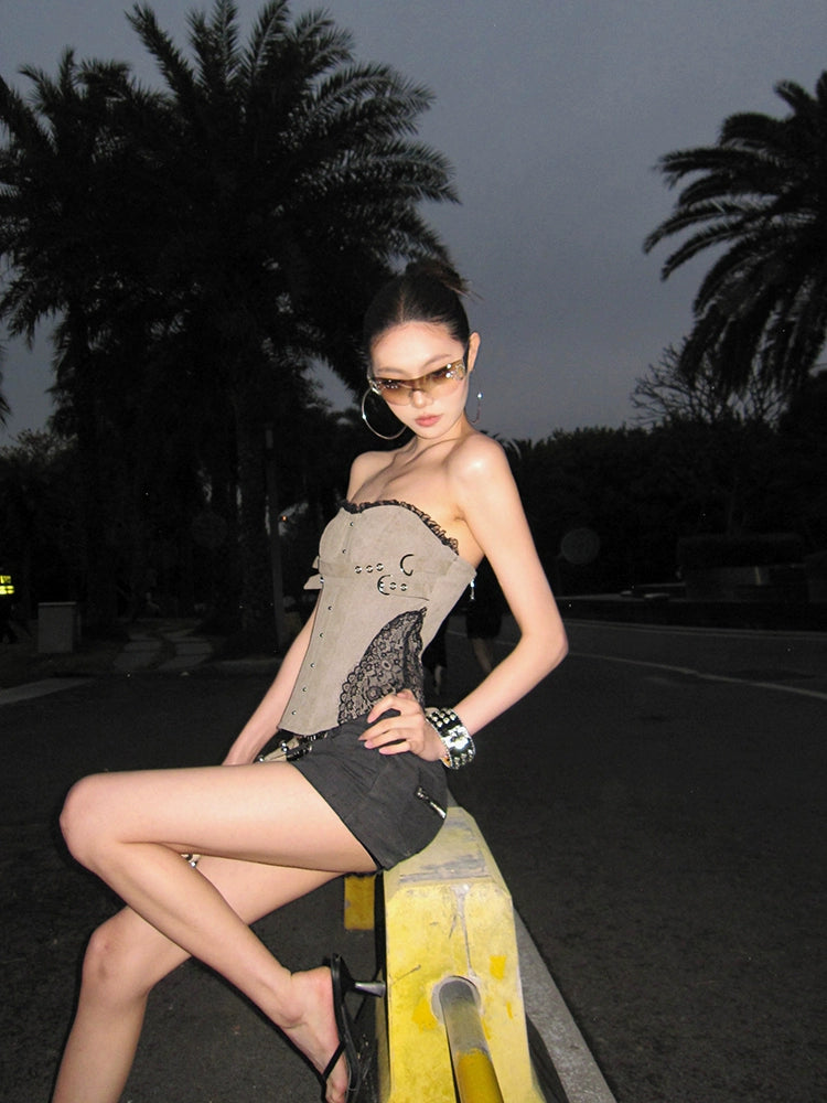 【25s May.】Lace Trim Boned Bustier Vest