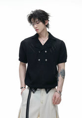 Openwork Embroidered Knit Polo Tee