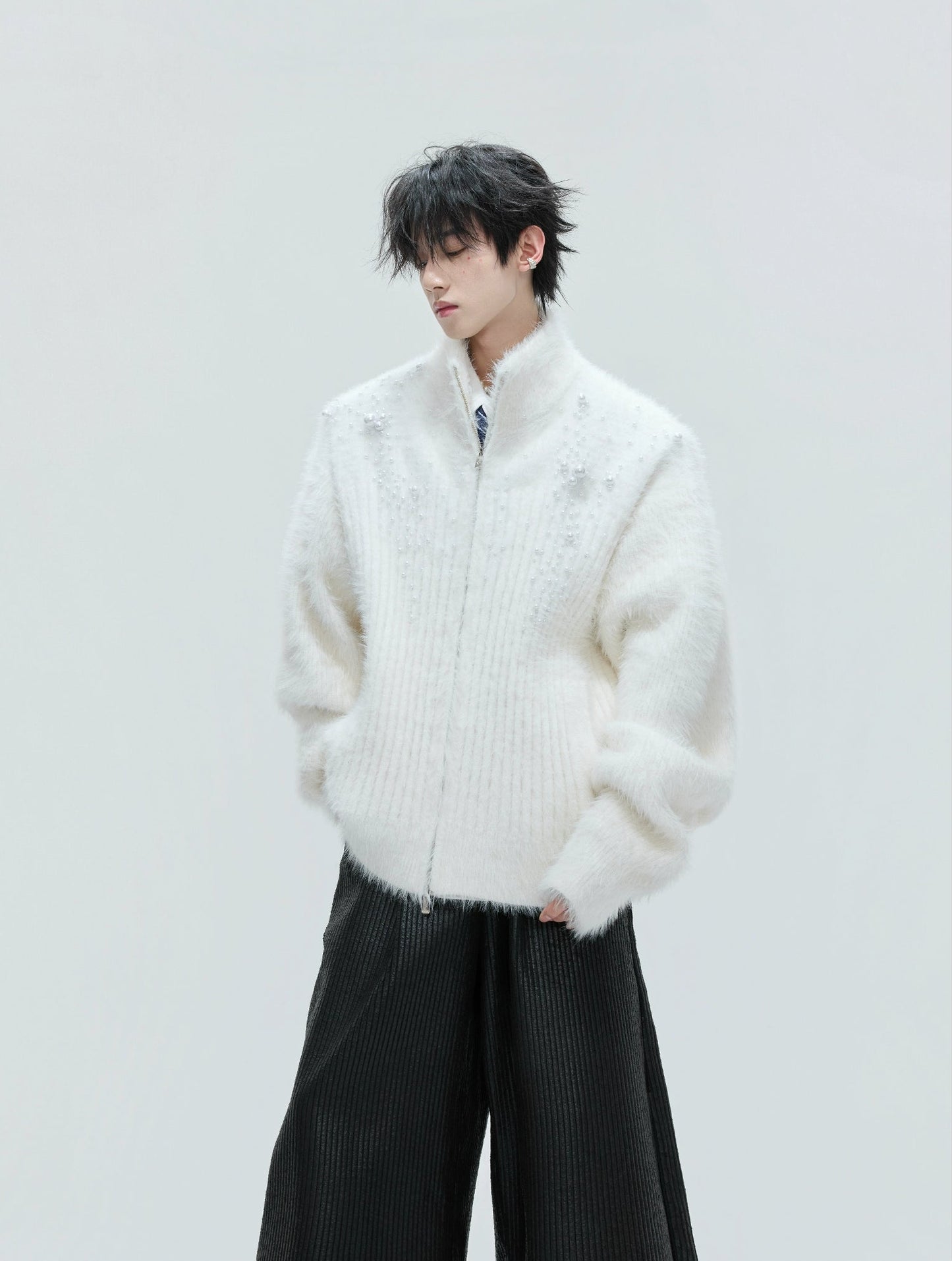 【25s Nov.】High-neck Plush Pearl Embellished Sweater