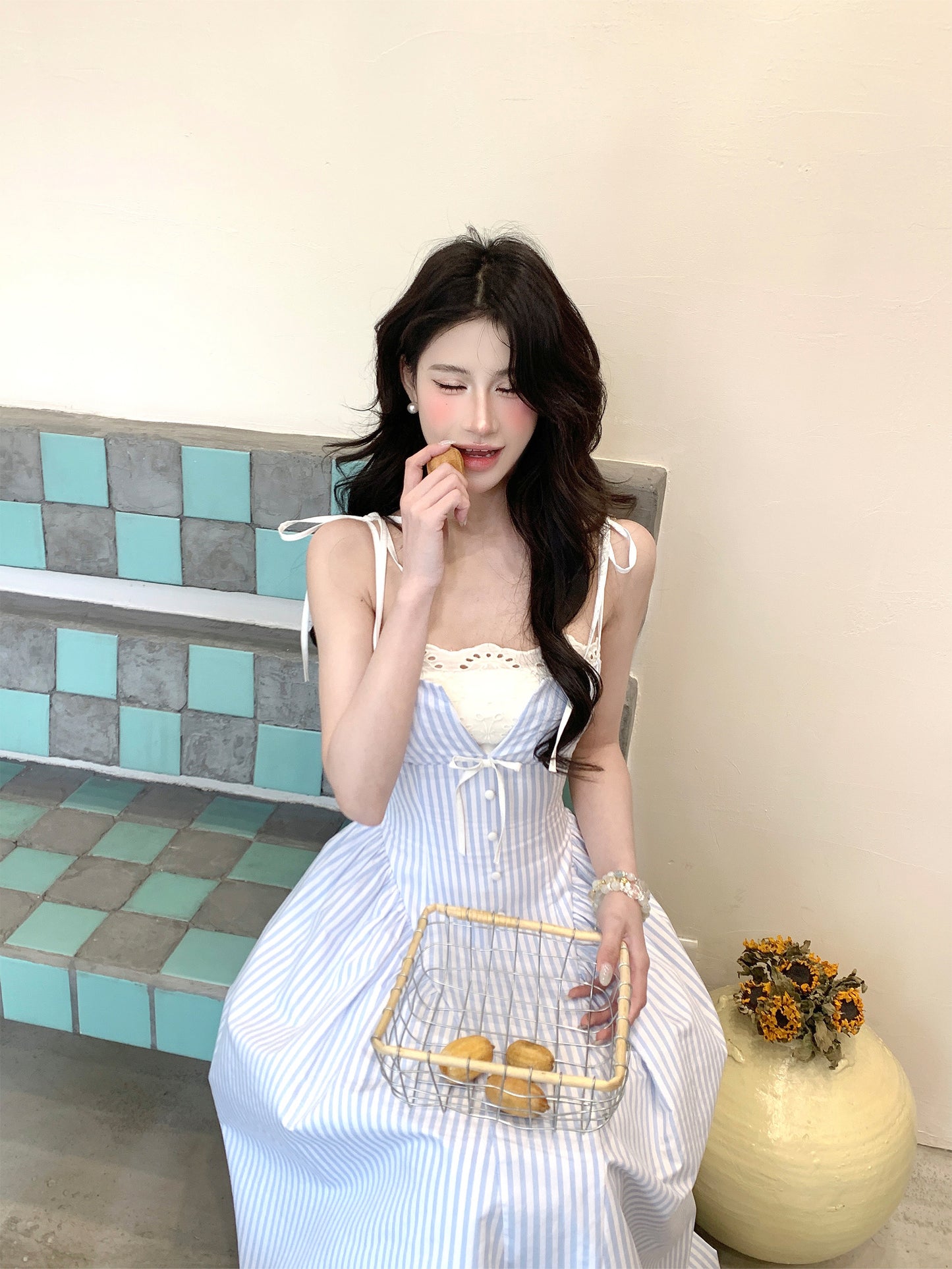 【25s Apr.】French Spaghetti Strap Striped Patchwork Dress