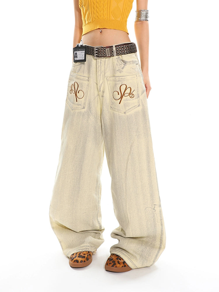 【25s May.】Grunge Wash Embroidered Wide Leg Jeans