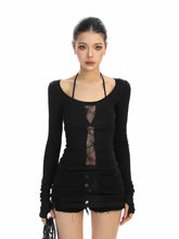 【26s Feb.】Lace Patchwork Cross Cut-Out Long-Sleeve Slim Fit Top