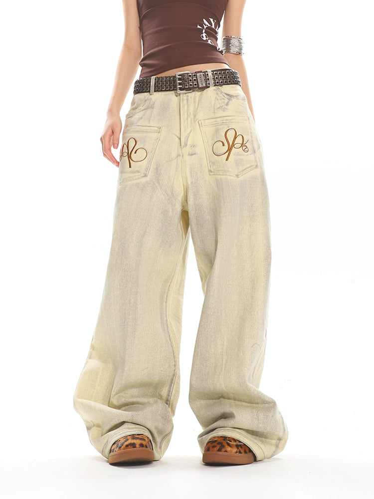 【25s May.】Grunge Wash Embroidered Wide Leg Jeans